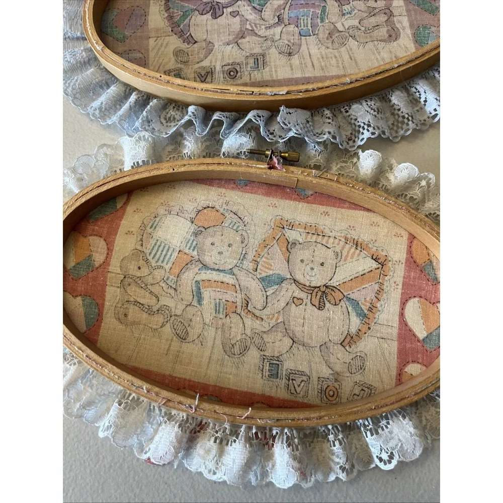 Vintage Wall Hangings With Lace Trim Teddy Bears Toys Embroidery Cottagecore (3)